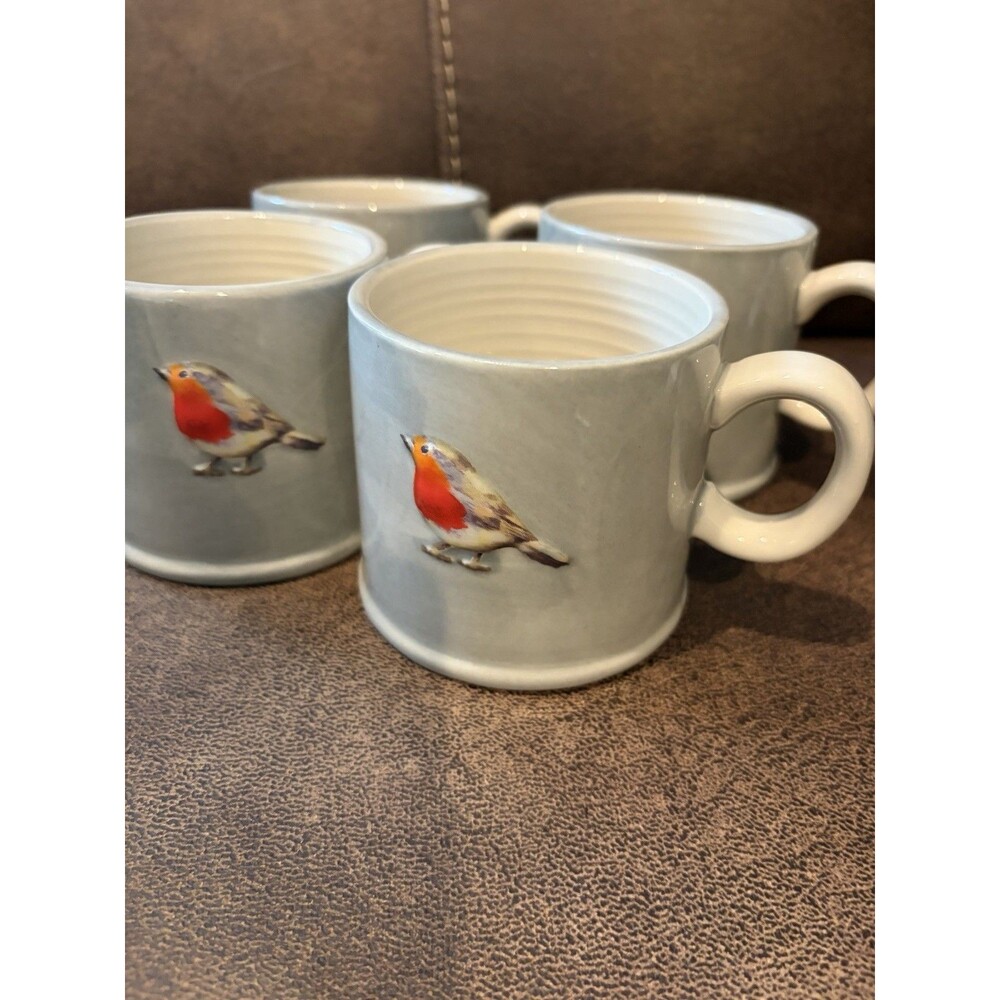 Set of 4 The Old Pottery Company Red Belly 3D Bird Aviary Gray Coffee Mug Cup